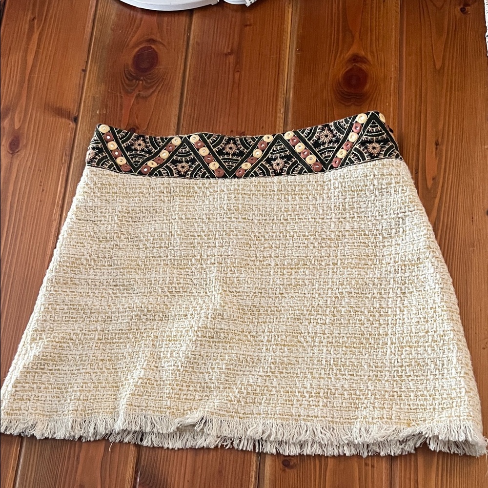 Zara Cream and Black Mini Skirt with Patterned Waistband
